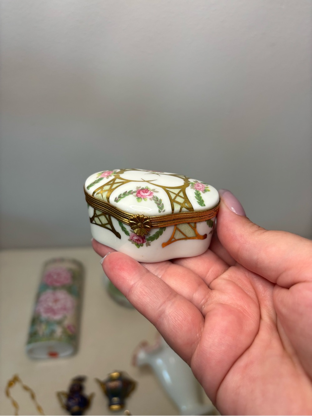 Vintage Limoges Porcelain Trinket Box with Pink Rose Motif